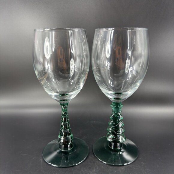 Libbey Green Christmas Tree Stem Water Goblet Wine Glass Crystal Cup Set Of 2 - Picture 13 of 15